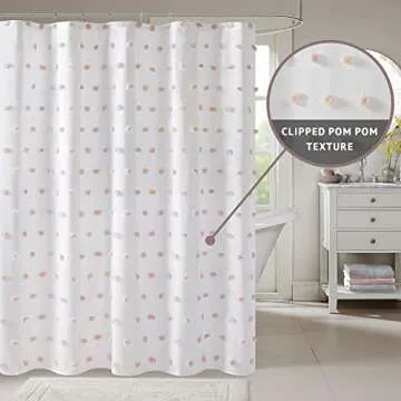 Madison Park Sophie Trendy Shower Curtain with Textured Pom-Poms Accent Modern Bathroom Décor, Machine Washable Bath Privacy Screen, 72 in x 72 in, White/Blush