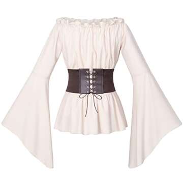 Womens Renaissance Victorian Peasant Ruffle Smocked Waist Boho Pirate Shirt Blouse with Belt Set(Beige M)