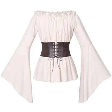 Womens Renaissance Victorian Peasant Ruffle Smocked Waist Boho Pirate Shirt Blouse with Belt Set(Beige M)