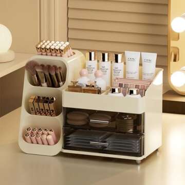 Cream Makeup Organizer with Drawers for Vanity