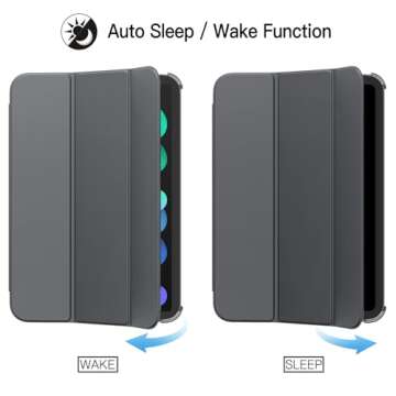 JETech Case for iPad Mini (A17 Pro, 2024 Model, 7th Generation) / Mini 6 (2021 Model, 6th Generation), Slim Stand Hard Back Shell Smart Cover with Auto Wake/Sleep (Space Gray)