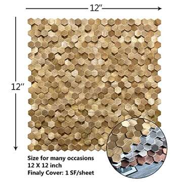 KASARO Peel and Stick Backsplash for Kitchen, 8 Pieces 3D Gold Hexagon Metal Mosaic Self Adhesive Wa...