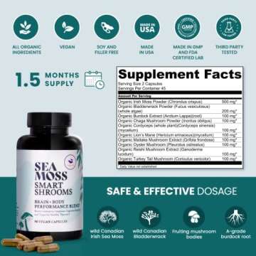 HAPPY FOX Irish Sea Moss Capsules & Mushroom Complex - Organic Seamoss with Adaptogens for Brain Health, 1500mg, 90 Vegan Capsules, Organic Mushroom Supplement