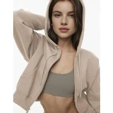 PUWEI Women's Casual Zip Up Drawstring Cropped Hoodie Hooded Crop Jacket Top with Pockets(1068-Apricot-L)