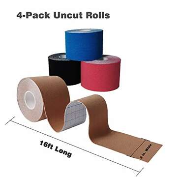 ZFURT Breathable Cotton Kinesiology Tape,4 Rolls 16ft Water Resistant Kinetic Uncut Kinesiology Tape for Knee Pain,Elbow & Shoulder Muscle,Uncut,Latex Free