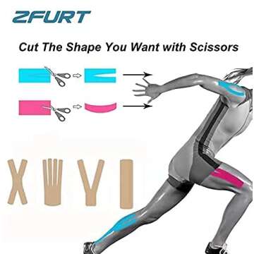 ZFURT Breathable Cotton Kinesiology Tape,4 Rolls 16ft Water Resistant Kinetic Uncut Kinesiology Tape for Knee Pain,Elbow & Shoulder Muscle,Uncut,Latex Free