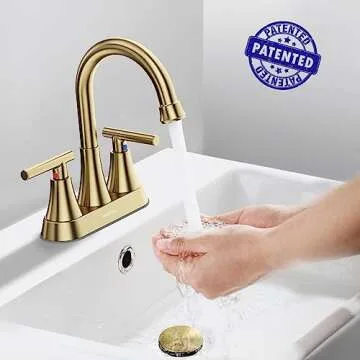 Hurran 4 inch Brushed Gold Bathroom Sink Faucet with Pop-up Drain and 2 Supply Hoses, Stainless Stee...