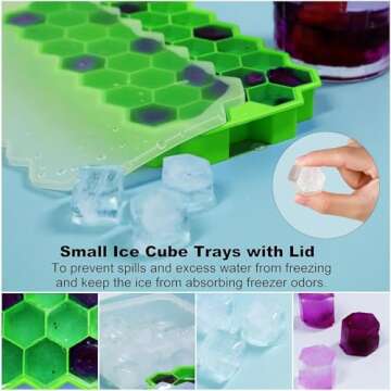 Ice Cube Trays for Freezer with Lid-Silicone Ice Cube Tray with Lid Ice Maker 2 Packs Green,Easy-Release Reusable Ice Cube in Organizer Bins or Ice Bucket for Cocktail bar or Iced Coffee Cup