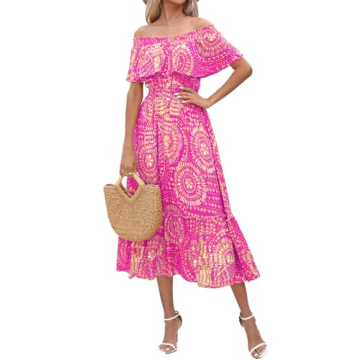 Prettywear Women's 2025 Spring Summer Boho Off Shoulder Midi Dress Floral Short Sleeve A Line Casual...
