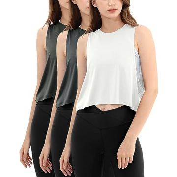 ODODOS 3 Pack Crop Tank for Women Loose Sleeveless Workout Gym Cropped Yoga Shirts Muscle Tops, Blac...