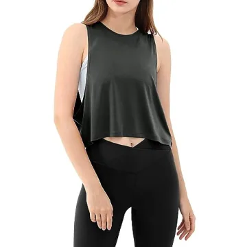 ODODOS 3 Pack Crop Tank for Women Loose Sleeveless Workout Gym Cropped Yoga Shirts Muscle Tops, Black, Charcoal, White, Small