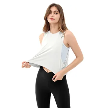 ODODOS 3 Pack Crop Tank for Women Loose Sleeveless Workout Gym Cropped Yoga Shirts Muscle Tops, Black, Charcoal, White, Small