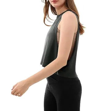 ODODOS 3 Pack Crop Tank for Women Loose Sleeveless Workout Gym Cropped Yoga Shirts Muscle Tops, Black, Charcoal, White, Small