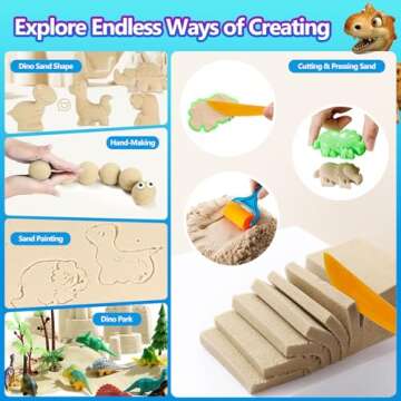 KiddosLand Dino Play Sand for Kids,3lbs Magic Sand,38pcs Sand Toys Include Sandbox,12 Dinosaur Figures,11 Dino Molds,Cleaning Set and Numerous Sand Tools,Dinosaur Toys Gift for Girls Boys Ages 3+