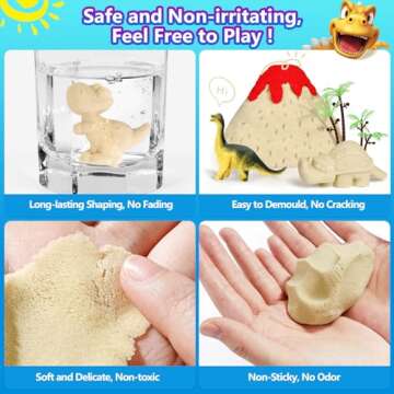 KiddosLand Dino Play Sand for Kids,3lbs Magic Sand,38pcs Sand Toys Include Sandbox,12 Dinosaur Figures,11 Dino Molds,Cleaning Set and Numerous Sand Tools,Dinosaur Toys Gift for Girls Boys Ages 3+
