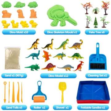 KiddosLand Dino Play Sand for Kids,3lbs Magic Sand,38pcs Sand Toys Include Sandbox,12 Dinosaur Figures,11 Dino Molds,Cleaning Set and Numerous Sand Tools,Dinosaur Toys Gift for Girls Boys Ages 3+