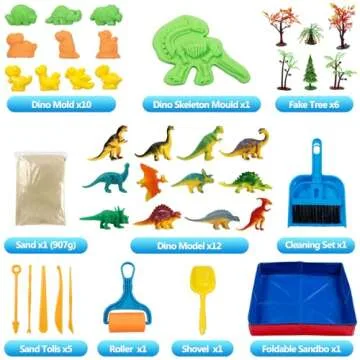KiddosLand Dino Play Sand for Kids,3lbs Magic Sand,38pcs Sand Toys Include Sandbox,12 Dinosaur Figures,11 Dino Molds,Cleaning Set and Numerous Sand Tools,Dinosaur Toys Gift for Girls Boys Ages 3+