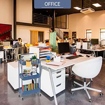 totolot 3-Tier Collapsible Rolling Utility Cart with Lockable Caster Wheels, Metal Storage Cart for Classroom, Office, Bathroom, Blue Yellow