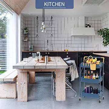 totolot 3-Tier Collapsible Rolling Utility Cart with Lockable Caster Wheels, Metal Storage Cart for Classroom, Office, Bathroom, Blue Yellow