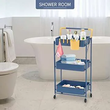 totolot 3-Tier Collapsible Rolling Utility Cart with Lockable Caster Wheels, Metal Storage Cart for Classroom, Office, Bathroom, Blue Yellow