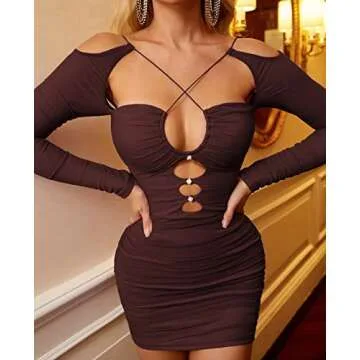 Colysmo Women's Sexy Hollow Out Long Sleeve Bodycon Mini Dress Ruched Mesh Short Dresses for Club Night Out Brown