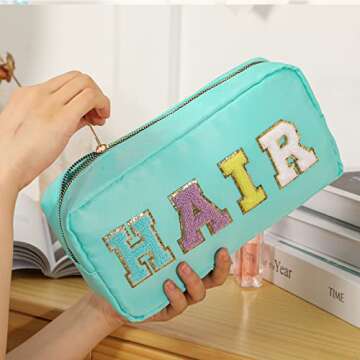 DYSHAYEN Nylon Cosmetic Bag Preppy Hair Makeup Bag for Women Travel Toiletry Organizer with Chenille Letter Patches (Mint-HAIR)