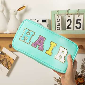 DYSHAYEN Nylon Cosmetic Bag Preppy Hair Makeup Bag for Women Travel Toiletry Organizer with Chenille Letter Patches (Mint-HAIR)