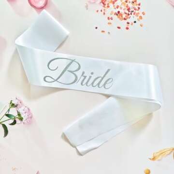 Magnusson's Garden Bride Sash, White and Silver Glitter Bachelorette Party Sash for Future Mrs, Brid...