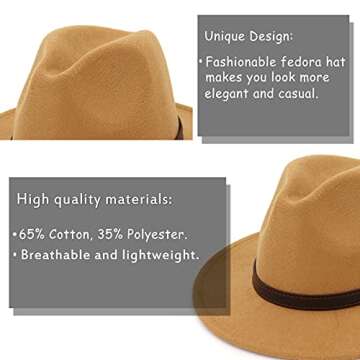 Gossifan Men & Women Panama Hat Classic Wide Brim Fedora Hat with Belt Buckle-Camel