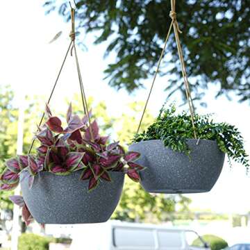 SwinDuck 13 Inch 2 Pack Large Hanging Planters for Indoor Outdoor Plants, Plastic Hanging Basket Pots for House Plants Flowers, Grey