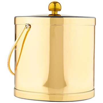 Kraftware Polished Brass Color with Metal, Double Wall Construction Mylar Ice Bucket with Lid, 3 Quart