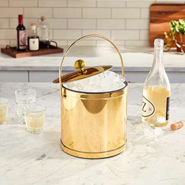 Kraftware Polished Brass Color with Metal, Double Wall Construction Mylar Ice Bucket with Lid, 3 Quart