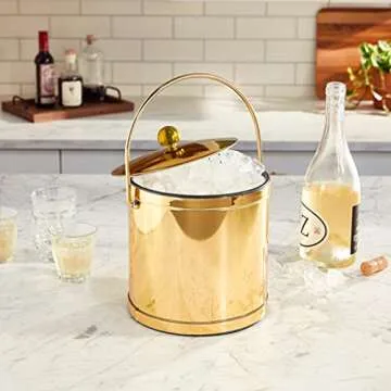 Kraftware Polished Brass Color with Metal, Double Wall Construction Mylar Ice Bucket with Lid, 3 Quart