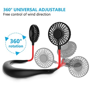 GULAKI Hands Free Portable Neck Fan - Rechargeable Mini USB Personal Fan Battery Operated with 3 Level Air Flow, 7 LED lights for Home Office Travel Indoor Outdoor (Black)