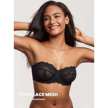 DOBREVA Unlined Lace Strapless Bra Sexy See Through Plus Size Convertible Underwire Bras Black 36D
