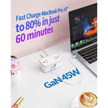 NTONPOWER Power Strip with USB C, 4 Outlets and GaN 45W USB C Ports, 4ft Retractable Extension Cord ...