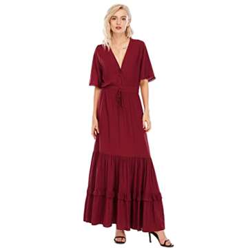 R.Vivimos Womens Summer Cotton Short Sleeve V Neck Floral Print Casual Bohemian Midi Dresses (Small, Wine Red)