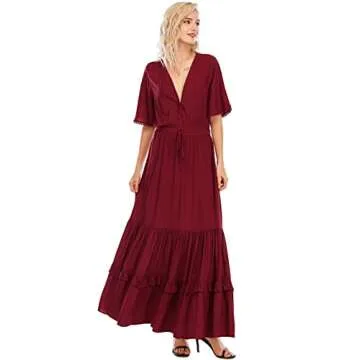 R.Vivimos Womens Summer Cotton Short Sleeve V Neck Floral Print Casual Bohemian Midi Dresses (Small, Wine Red)