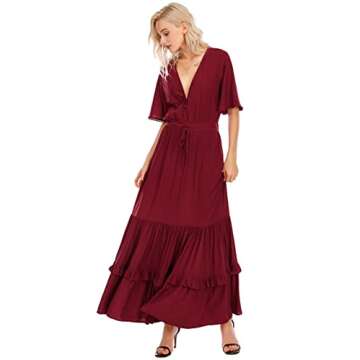 R.Vivimos Womens Summer Cotton Short Sleeve V Neck Floral Print Casual Bohemian Midi Dresses (Small, Wine Red)