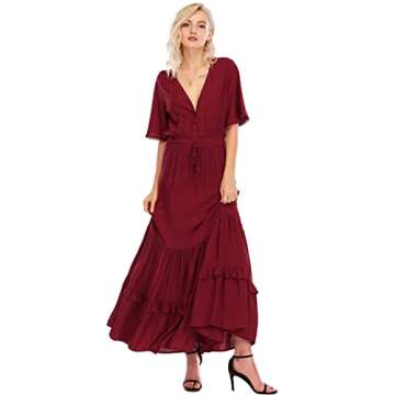 R.Vivimos Womens Summer Cotton Short Sleeve V Neck Floral Print Casual Bohemian Midi Dresses (Small, Wine Red)