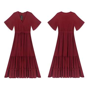 R.Vivimos Womens Summer Cotton Short Sleeve V Neck Floral Print Casual Bohemian Midi Dresses (Small, Wine Red)