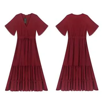 R.Vivimos Womens Summer Cotton Short Sleeve V Neck Floral Print Casual Bohemian Midi Dresses (Small, Wine Red)