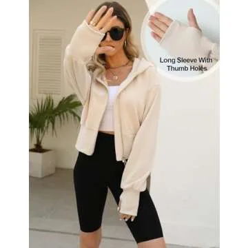 Arssm Cropped Hoodie Women Long Sleeve Sweatshirts Casual Fashion Hooded Zip up Workout Jacket with Thumb Holes (Beige-S)