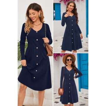 OUGES Fall Dresses for Women 2025 Long Sleeve Navy Casual Midi Dresses for Women Button Down Winter ...