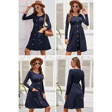 OUGES Fall Dresses for Women 2025 Long Sleeve Navy Casual Midi Dresses for Women Button Down Winter Dress with Pockets 2025(Navy,L)