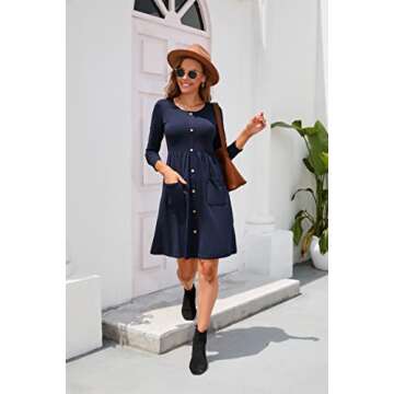 OUGES Fall Dresses for Women 2025 Long Sleeve Navy Casual Midi Dresses for Women Button Down Winter Dress with Pockets 2025(Navy,L)