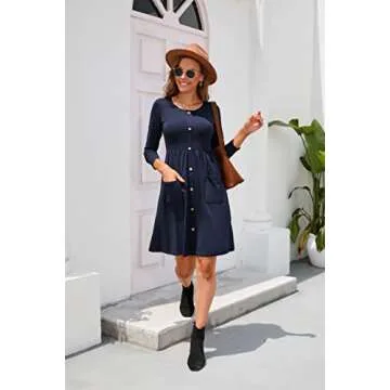 OUGES Fall Dresses for Women 2025 Long Sleeve Navy Casual Midi Dresses for Women Button Down Winter Dress with Pockets 2025(Navy,L)