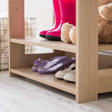 IRIS USA Small Open Wood Clothing Rack for Small Spaces, Clothes Rack with Shelves, Garment rack with Side Hook, Light Brown