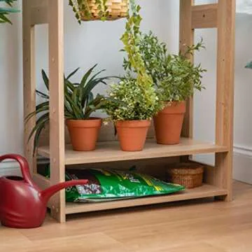 IRIS USA Small Open Wood Clothing Rack for Small Spaces, Clothes Rack with Shelves, Garment rack with Side Hook, Light Brown