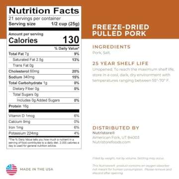 Nutristore Freeze Dried Pulled Pork | Pre-Cooked Shelf Stable Meat for Survival Emergency Food Supply, Meal Prep, and Backpacking/Camping | Made in USA | 25 Year Shelf Life | #10 Can, 18.5 oz